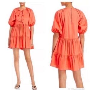 Cinq a Sept Dress Lynn Babydoll Tiered Mini Bow Trim in Neon Coral